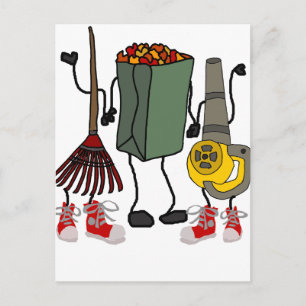 Funny Leaf Blowing Yard Work Cartoon Characters Postcard
