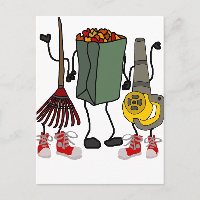 Funny Leaf Blowing Yard Work Cartoon Characters Postcard (Front)