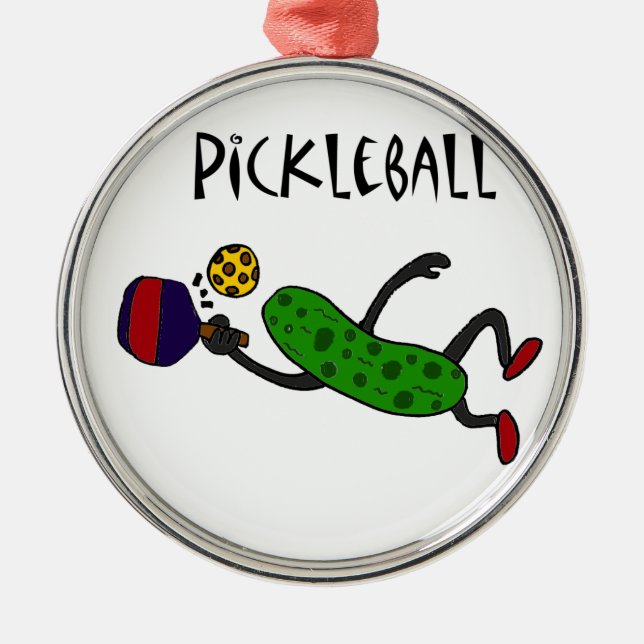 Funny Leaping Pickle Playing Pickleball Metal Ornament (Front)