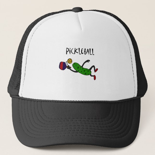 Funny Leaping Pickle Playing Pickleball Trucker Hat (Front)
