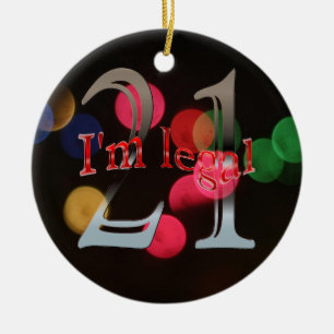 Funny Legal 21st Birthday Bokeh Christmas Lights Ceramic Ornament