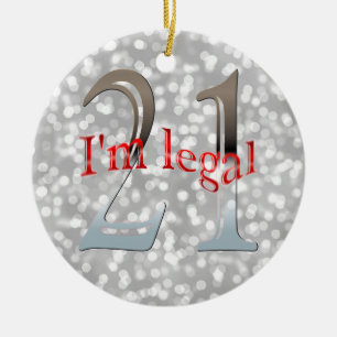 Funny Legal 21st Birthday Bokeh Silver Christmas Ceramic Ornament