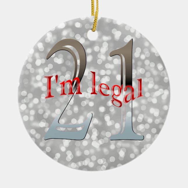 Funny Legal 21st Birthday Bokeh Silver Christmas Ceramic Ornament (Front)