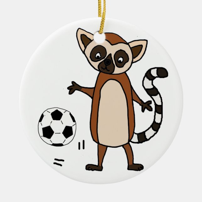 Funny Lemur Playing Soccer Cartoon Ceramic Ornament (Front)