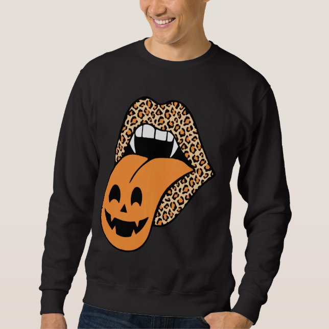 Funny Leopard Lips Pumpkin Graphic Hallween T Shir Sweatshirt (Front)