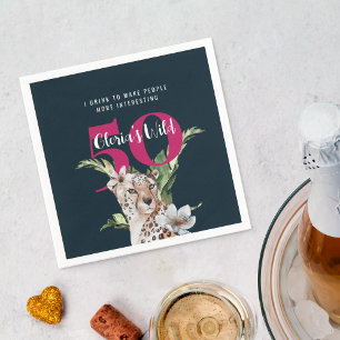 Funny Leopard Pink Botanical 50th Birthday Party  Napkin