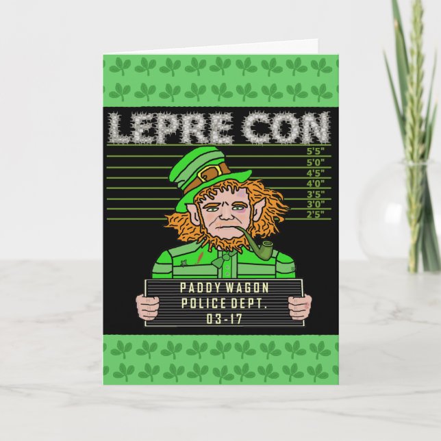 Funny Leprechaun Leprecon Mugshot Card (Front)