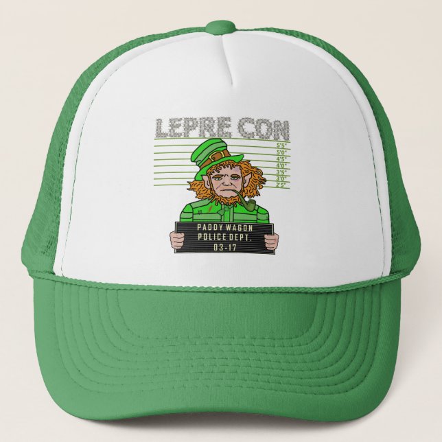Funny Leprechaun Leprecon Mugshot Trucker Hat (Front)