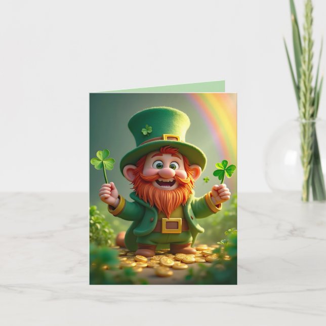 Funny leprechaun with shamrocks and gold coins holiday card (Front)
