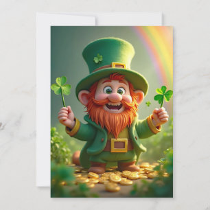 Funny leprechaun with shamrocks and gold coins holiday card