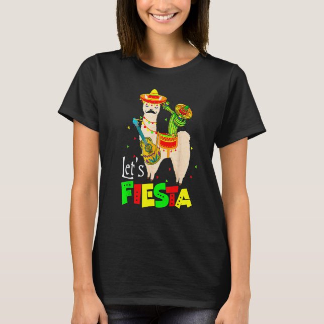 Funny Let's Fiesta Llama Cinco De Mayo Cactus Somb T-Shirt (Front)