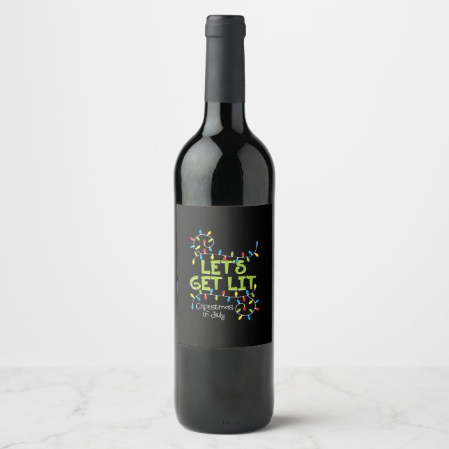 Funny Let's Get Lit Christmas Lights Wine Label (Front)