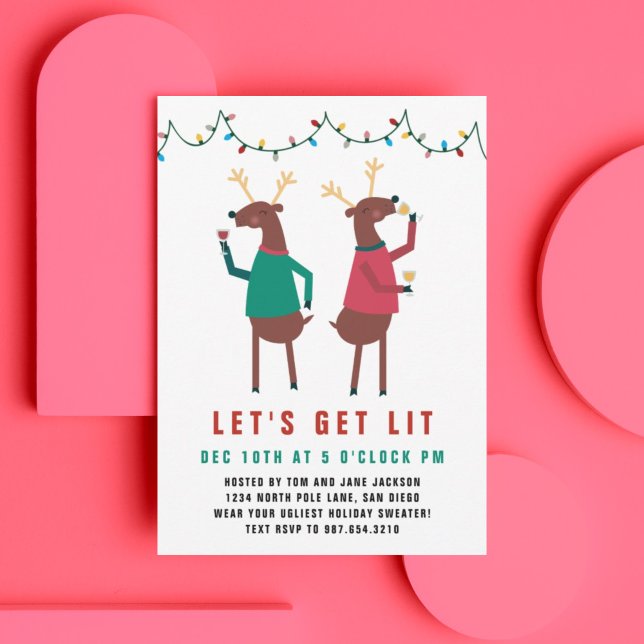 Funny Let's Get Lit Wine Drinking Reindeer Invitation (Creator Uploaded)