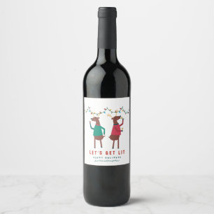 Funny Let's Get Lit Wine Drinking Reindeer Square Wine Label