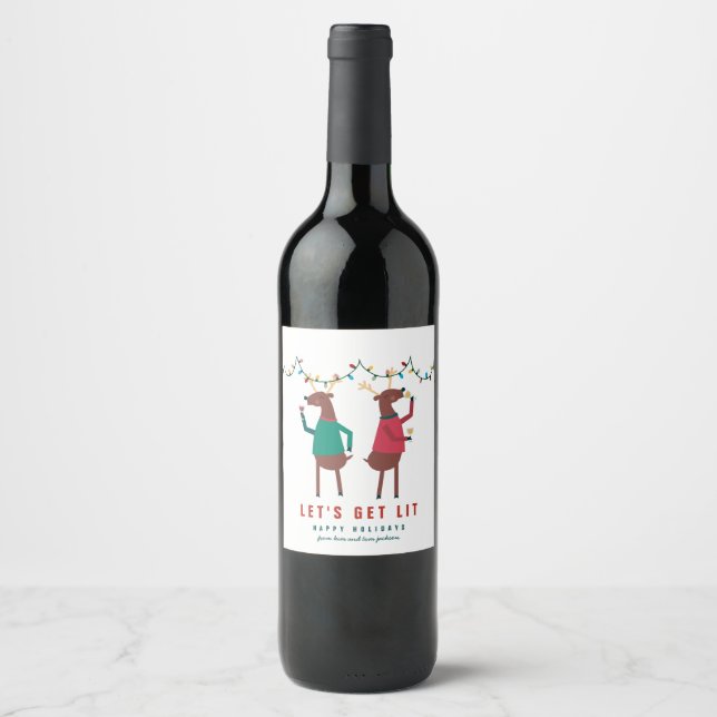 Funny Let's Get Lit Wine Drinking Reindeer Square Wine Label (Front)