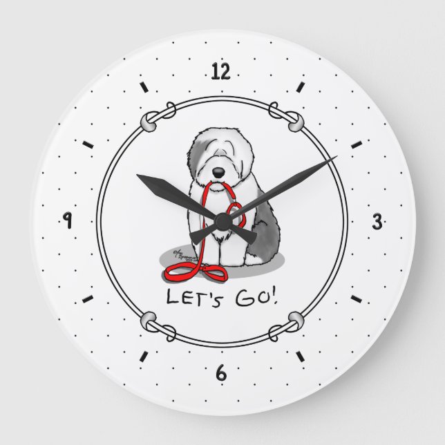 Funny Let's Go! Walk Old English Sheepdog (Gray 1) Large Clock (Front)
