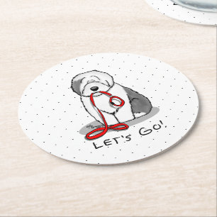 Funny Let's Go! Walk Old English Sheepdog (Grey 1) Round Paper Coaster