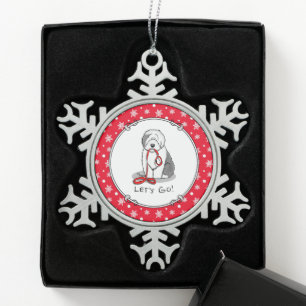 Funny Let's Go! Walk Old English Sheepdog (Grey 1) Snowflake Pewter Christmas Ornament
