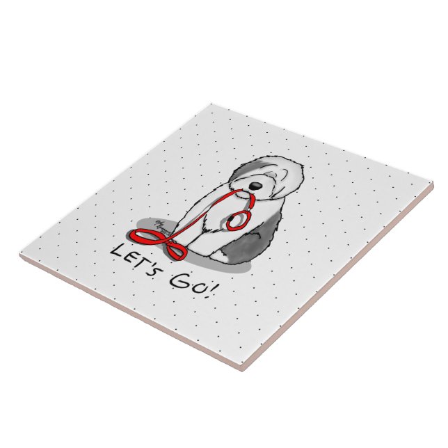 Funny Let's Go! Walk Old English Sheepdog (Grey 1) Tile (Side)