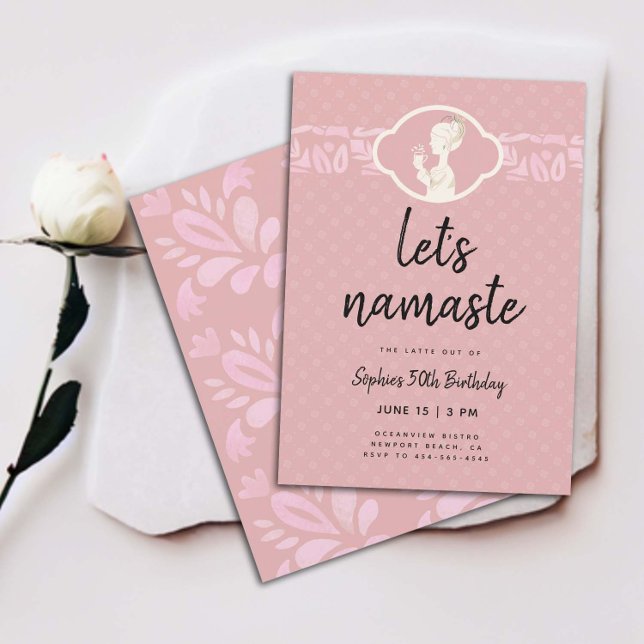 Funny Lets Namaste Women 50th Birthday Party Invitation (funny 50th birthday invitation for women coffee party namaste yoga joke clean elegant classy cute)