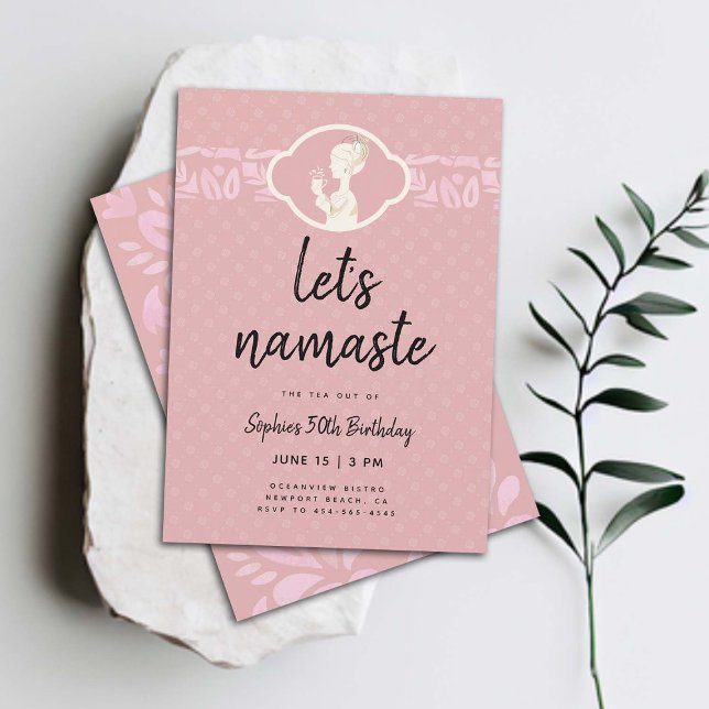 Funny Lets Namaste Women 50th Birthday Tea Party Invitation (funny 50th birthday invitation for women tea party namaste yoga joke clean elegant classy cute)