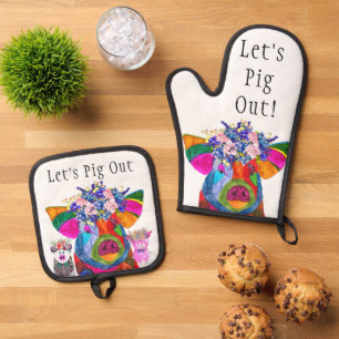 Funny Let's Pig Out Pig Oven Mitt & Pot Holder Set