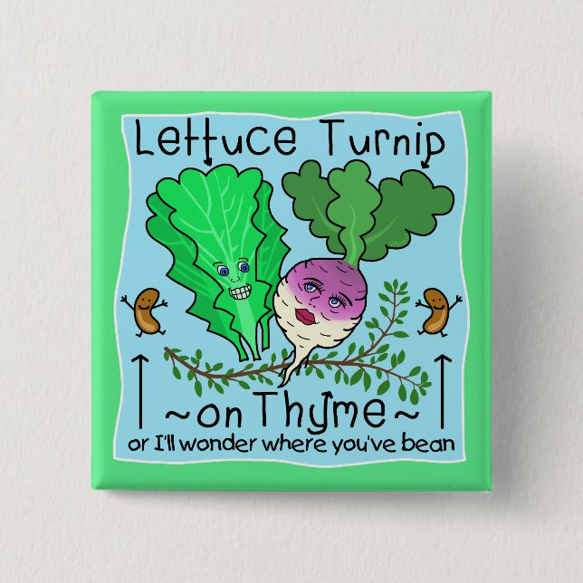 Funny Lettuce Turnip Thyme Vegetable Pun Cartoon 2 Inch Square Button (Front)