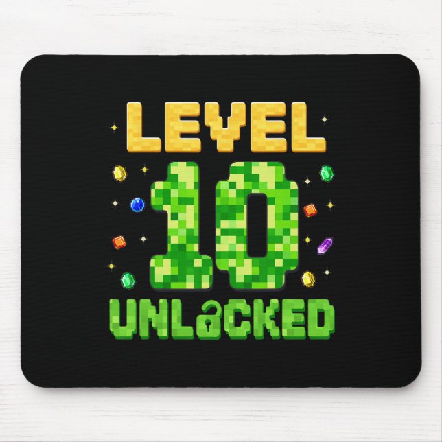 Funny Level 10 Unlocked 10th Birthday Gamer Pixel  Mouse Pad (Front)