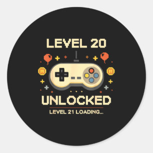 Funny level 20 unlocked gamer 20th birthday video classic round sticker