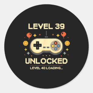 Funny level 39 unlocked gamer 39th birthday video classic round sticker