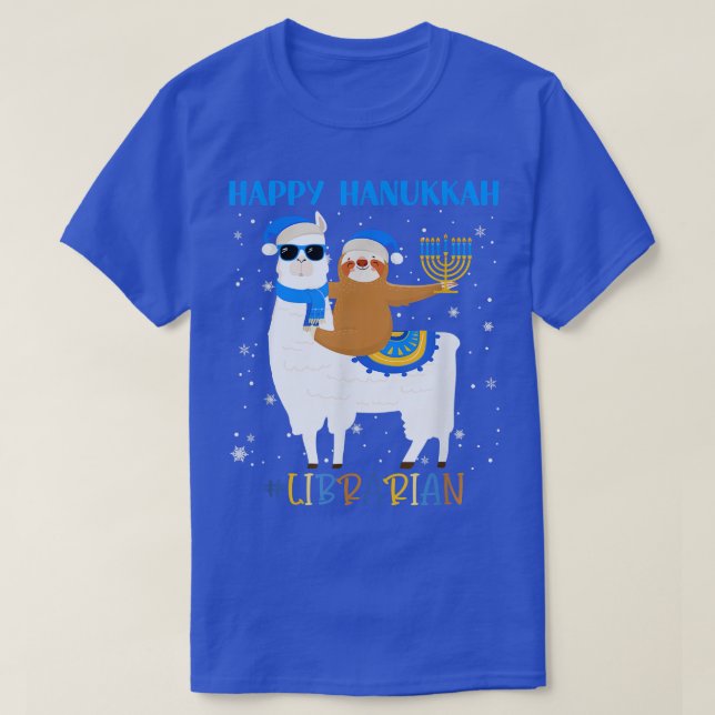 Funny Librarian Llama Sloth Menorah Hanukkah Chanu T-Shirt (Design Front)