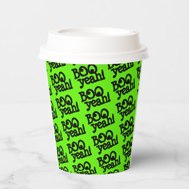 Funny Lime Green Booyeah! Crossed Eyes Halloween Paper Cups (Front)
