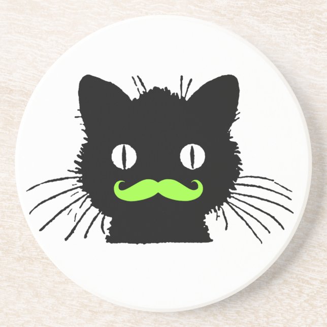 FUNNY LIME GREEN MUSTACHE VINTAGE BLACK CAT COASTER (Front)