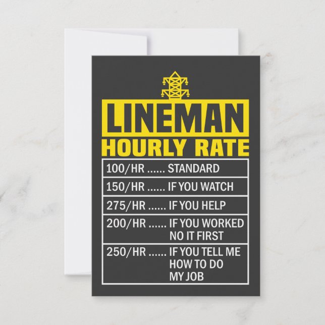 Funny Lineman Hourly Rate Greeting Card (Front)