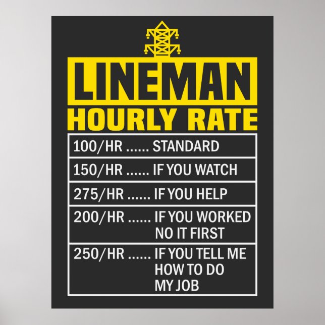 Funny Lineman Hourly Rate  Poster (Front)