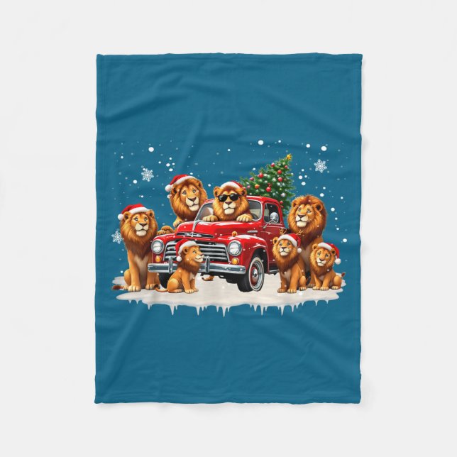Funny Lion Riding Christmas Tree Truck Christmas  Fleece Blanket (Front)
