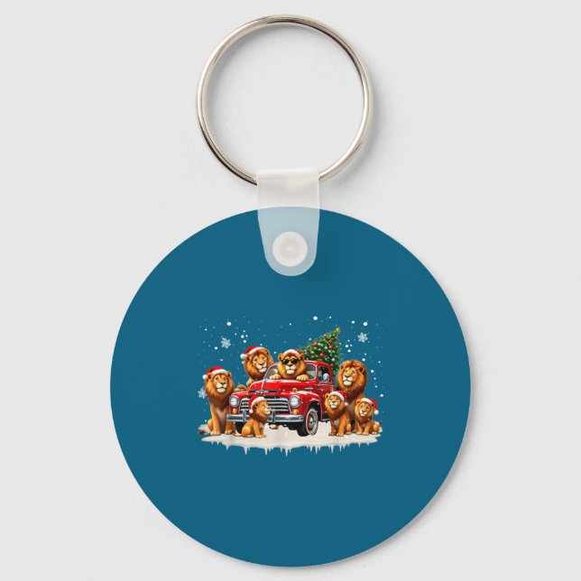 Funny Lion Riding Christmas Tree Truck Christmas  Keychain (Front)
