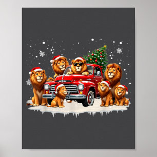 Funny Lion Riding Christmas Tree Truck Christmas  Poster