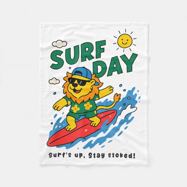 Funny Lion Surfing Summer Vacation Surf Day Boys G Fleece Blanket (Front)