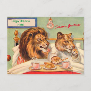Funny Lions in Holiday Hotel Season's Greetings Postcard