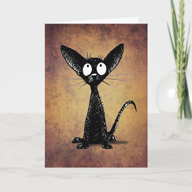 Funny Little Black Oriental Cat Art Card (Front)