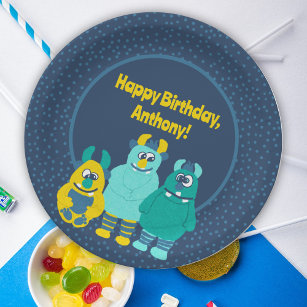 Funny Little Cartoon Monsters Boys Birthday Paper Plate