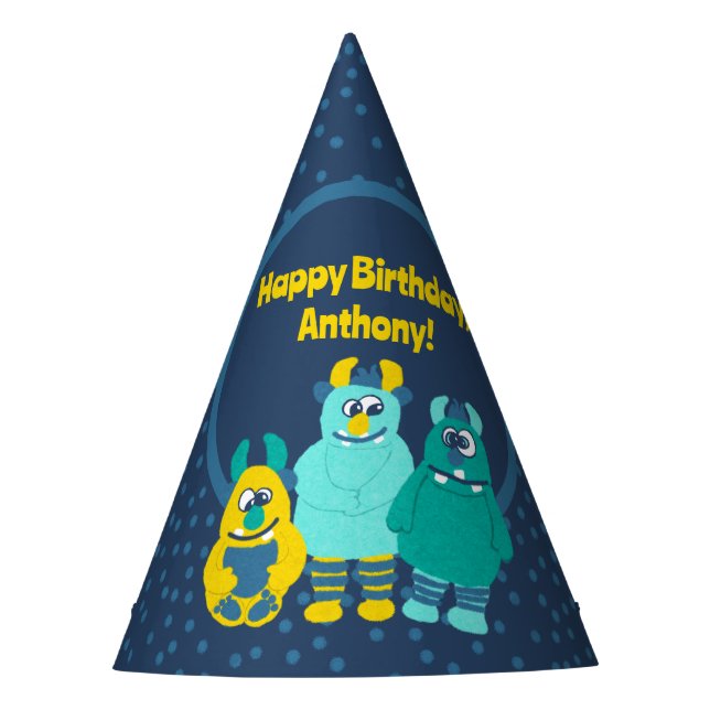 Funny Little Cartoon Monsters Boys Birthday Party Hat (Front)