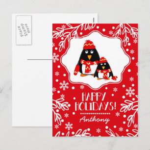 Funny Little Penguins Custom Name Christmas Holiday Postcard