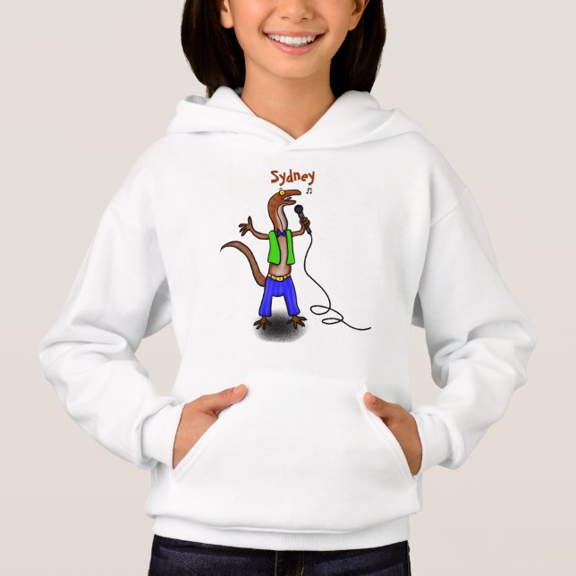 Funny lizard singing with microphone cartoon (Front)