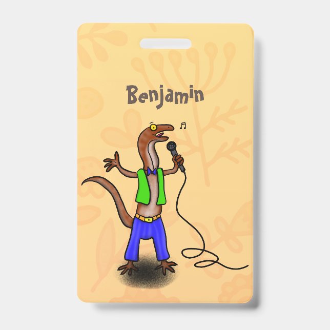 Funny lizard singing with microphone cartoon badge (Front)
