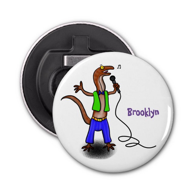Funny lizard singing with microphone cartoon bottle opener (Front)