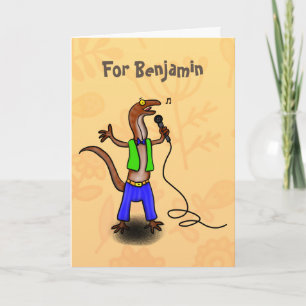 Funny lizard singing with microphone cartoon card