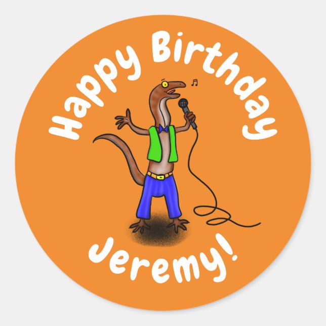 Funny lizard singing with microphone cartoon classic round sticker (Front)
