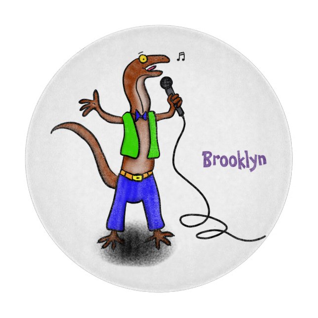 Funny lizard singing with microphone cartoon cutting board (Front)